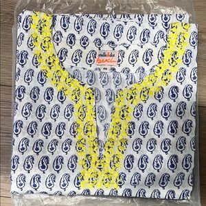 Stella & Dot White Swim Coverup with Blue Paisley and Yellow Trim